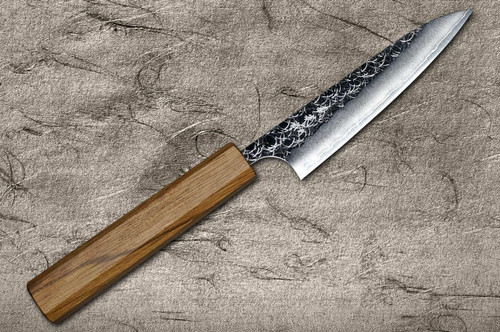 Yoshimi Kato R2 MINAMO Hammered OK8N Japanese Chef's Petty Knife(Utility) 120mm with Urushi Lacquered Oak Handle Natural Color 