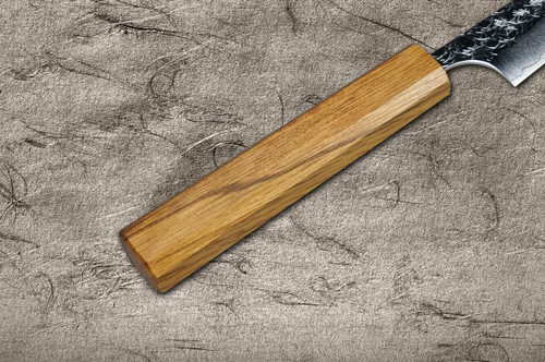 Yoshimi Kato R2 MINAMO Hammered OK8N Japanese Chef's Petty Knife(Utility) 120mm with Urushi Lacquered Oak Handle Natural Color 