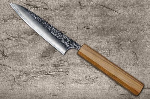 Yoshimi Kato R2 MINAMO Hammered OK8N Japanese Chef's Petty Knife(Utility) 150mm with Urushi Lacquered Oak Handle Natural Color 