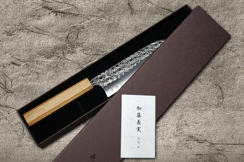 Yoshimi Kato R2 MINAMO Hammered OK8N Japanese Chef's Santoku Knife 170mm with Urushi Lacquered Oak Handle Natural Color 