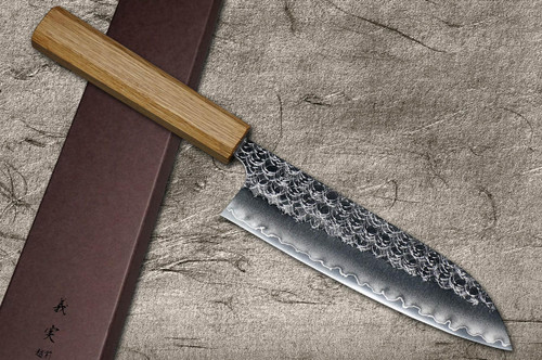 Yoshimi Kato R2 MINAMO Hammered OK8N Japanese Chef's Santoku Knife 170mm with Urushi Lacquered Oak Handle Natural Color 