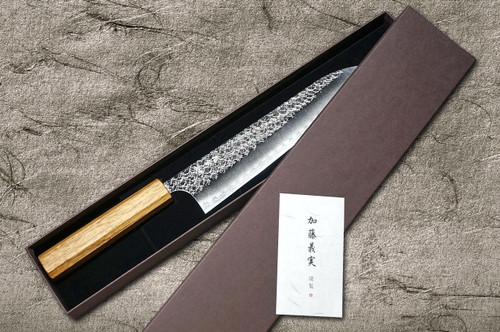 Yoshimi Kato R2 MINAMO Hammered OK8N Japanese Chef's Gyuto Knife 210mm with Urushi Lacquered Oak Handle Natural Color 