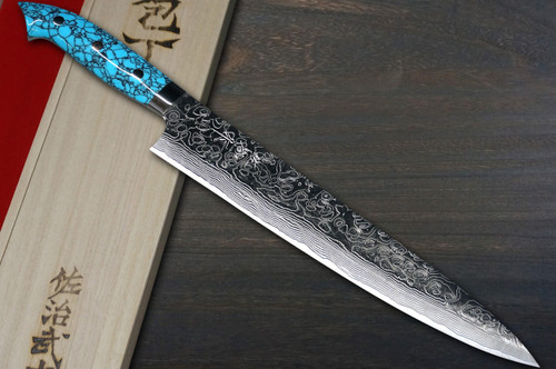 Takeshi Saji R2 Diamond Finish Damascus NNM Japanese Chef's Slicer(Sujihiki) 240mm with Blue Turquoise Handle Nomura Special 