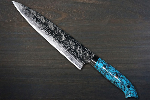 Takeshi Saji R2 Diamond Finish Damascus NNM Japanese Chef's Gyuto Knife 240mm with Blue Turquoise Handle Nomura Special 
