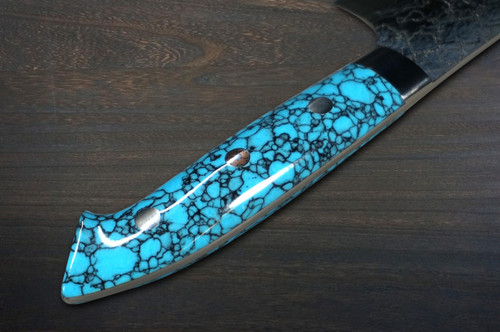 Takeshi Saji R2 Diamond Finish Damascus NNM Japanese Chef's Bunka Knife 180mm with Blue Turquoise Handle Nomura Special 