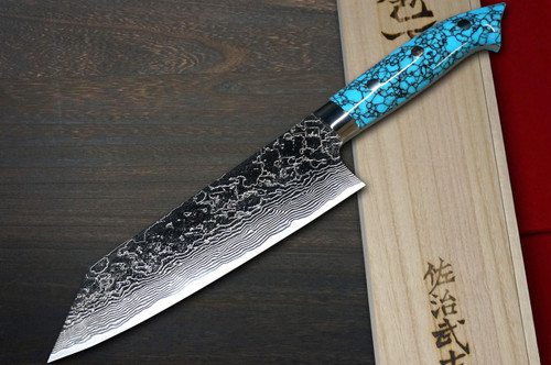 Takeshi Saji R2 Diamond Finish Damascus NNM Japanese Chef's Bunka Knife 180mm with Blue Turquoise Handle Nomura Special 