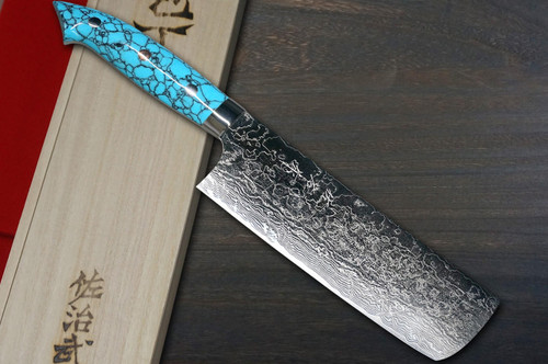 Takeshi Saji R2 Diamond Finish Damascus NNM Japanese Chef's Nakiri(Vegetable) 170mm with Blue Turquoise Handle Nomura Special 