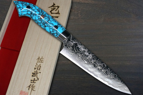Takeshi Saji R2 Diamond Finish Damascus NNM Japanese Chef's Petty Knife(Utility) 130mm with Blue Turquoise Handle Nomura Special 