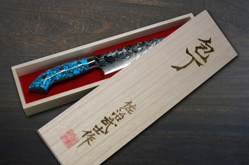 Takeshi Saji R2 Diamond Finish Damascus NNM Japanese Chef's Petty Knife(Utility) 130mm with Blue Turquoise Handle Nomura Special 