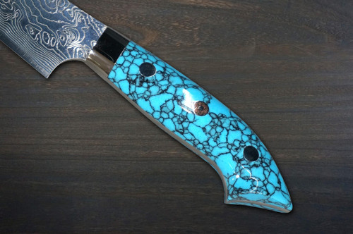 Takeshi Saji R2 Diamond Finish Damascus NNM Japanese Chef's Petty Knife(Utility) 130mm with Blue Turquoise Handle Nomura Special 