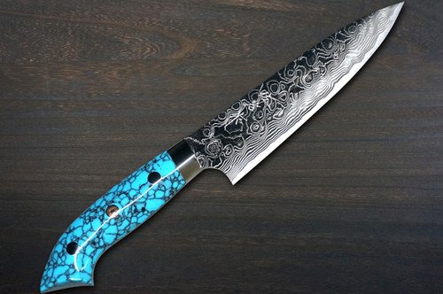 Takeshi Saji R2 Diamond Finish Damascus NNM Japanese Chef's Petty Knife(Utility) 130mm with Blue Turquoise Handle Nomura Special 