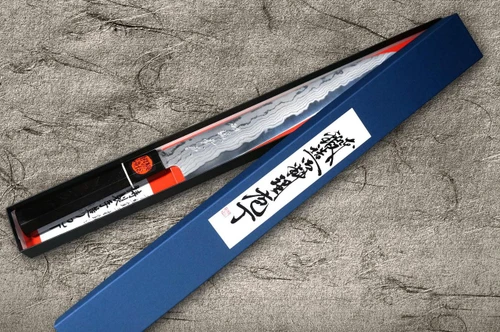 Shigeki Tanaka Aogami No.2 Damascus EB Trancheuse de chef japonais (Sujihiki) 270mm avec poignée en ébène