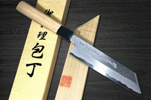 Yoshihiro Aogami No.1 Damascus Suminagashi B1SN Japanese Chef's Kenmuki(Vegetable) 180mm with Saya Sheath and Magnolia Wood Handle 