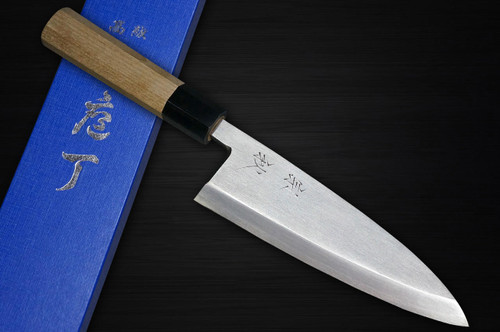 Muneaki White Steel Migaki Japanese Chef's Deba Knife 180mm with Buffalo Tsuba Magnolia Wood Handle 