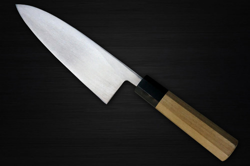 Muneaki White Steel Migaki Japanese Chef's Deba Knife 180mm with Buffalo Tsuba Magnolia Wood Handle 