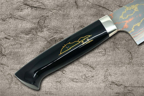 Takeshi Saji Makie-Art Aogami No.2 Colored Damascus Japanese Chef's Gyuto Knife 210mm with Urushi Lacquered Saya and Custom Handle FUJI on LAKE(BT) 