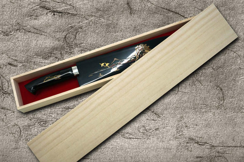 Takeshi Saji Makie-Art Aogami No.2 Colored Damascus Japanese Chef's Gyuto Knife 210mm with Urushi Lacquered Saya and Custom Handle FUJI on LAKE(BT) 