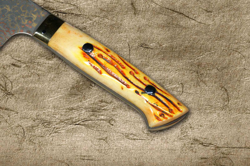 Takeshi Saji VG10W Colored Damascus Nashiji DHO Japanese Chef's Bunka Knife 180mm with Orange Antler Handle 