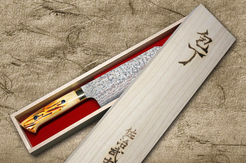 Takeshi Saji VG10W Colored Damascus Nashiji DHO Japanese Chef's Bunka Knife 180mm with Orange Antler Handle 
