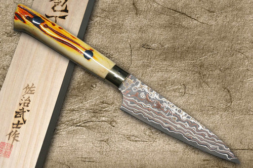Takeshi Saji VG10W Colored Damascus Nashiji DHO Japanese Chef's Petty Knife(Utility) 90mm with Orange Antler Handle 
