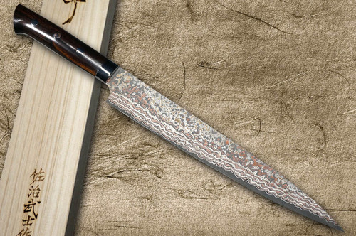 Takeshi Saji VG10W Colored Damascus Nashiji IRN Japanese Chef's Slicer(Sujihiki) 240mm with Desert Ironwood Handle 