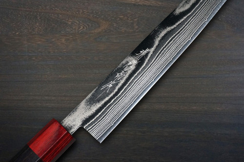 Keiichi Fujii AUS10 Nickel Damascus RS8R Japanese Chef's Kiritsuke-Yanagiba(Sashimi) 240mm with Urushi Lacquered Oak Handle 