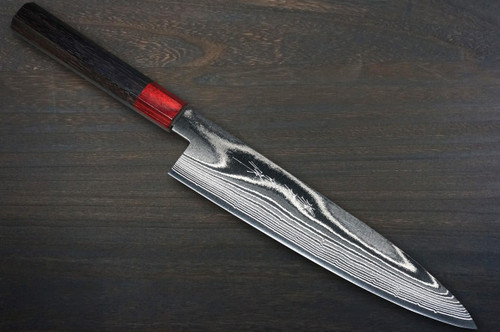 Keiichi Fujii AUS10 Nickel Damascus RS8R Japanese Chef's Gyuto Knife 240mm with Urushi Lacquered Oak Handle 