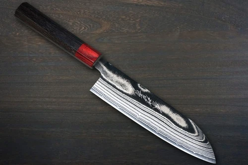 Keiichi Fujii AUS10 Nickel Damascus RS8R Japanese Chef's Santoku Knife 170mm with Red-Ring Rosewood Handle