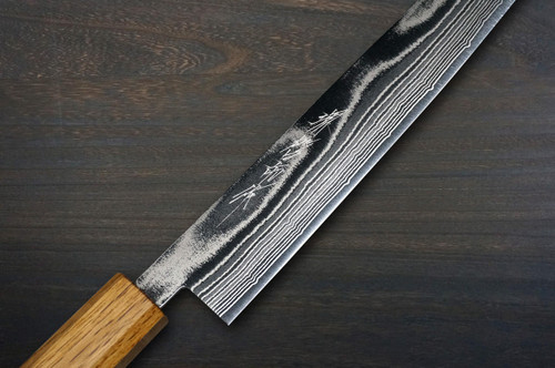Keiichi Fujii AUS10 Nickel Damascus OK8B Japanese Chef's Kiritsuke-Yanagiba(Sashimi) 240mm with Urushi Lacquered Oak Handle 