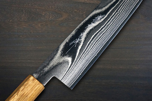 Keiichi Fujii AUS10 Nickel Damascus OK8B Japanese Chef's Kiritsuke-Gyuto Knife 240mm with Urushi Lacquered Oak Handle 