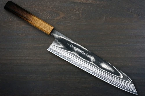 Keiichi Fujii AUS10 Nickel Damascus OK8B Japanese Chef's Kiritsuke-Gyuto Knife 240mm with Urushi Lacquered Oak Handle