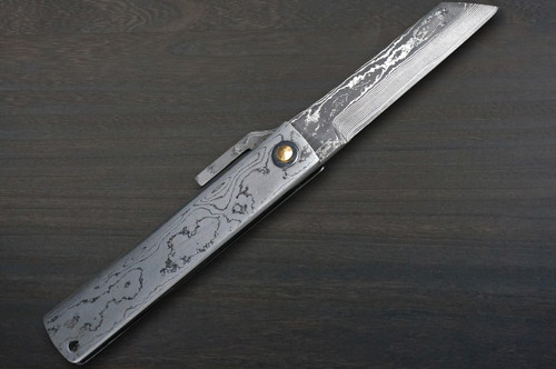 Takeshi Saji Higonokami Folding VG10 Black Damascus Kritsuke Petty Knife(Utility) 72mm with Damascus Metal Handle 