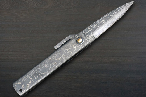 Takeshi Saji Higonokami Folding VG10 Black Damascus Petty Knife(Utility) 70mm with Damascus Metal Handle 
