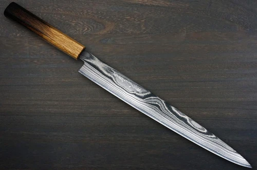 Keiichi Fujii AUS10 Nickel Damascus OK8B Japanese Chef's Slicer(Sujihiki) 270mm with Urushi Lacquered Oak Handle 