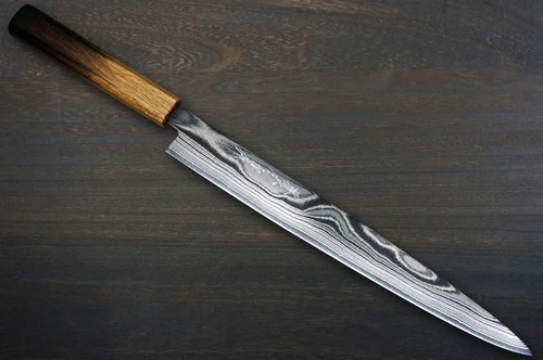 Keiichi Fujii AUS10 Nickel Damascus OK8B Japanese Chef's Slicer(Sujihiki) 240mm with Urushi Lacquered Oak Handle