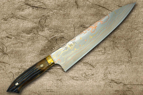 Takeshi Saji Aogami Colored Damascus DHM-NNM Japanese Chef's Gyuto Knife 270mm with Brown Antler Handle Nomura Special 