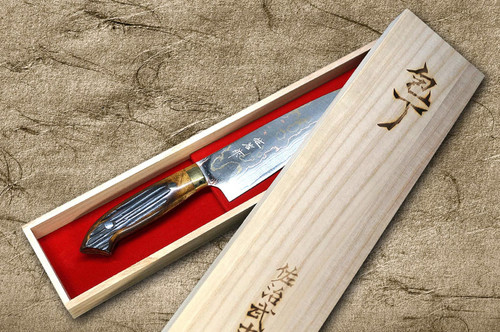 Takeshi Saji Aogami Colored Damascus DHM-NNM Japanese Chef's Gyuto Knife 210mm with Brown Antler Handle Nomura Special 
