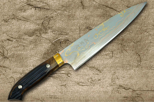 Takeshi Saji Aogami Colored Damascus DHM-NNM Japanese Chef's Gyuto Knife 210mm with Brown Antler Handle Nomura Special 