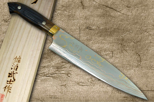 Takeshi Saji Aogami Colored Damascus DHM-NNM Japanese Chef's Gyuto Knife 210mm with Brown Antler Handle Nomura Special 