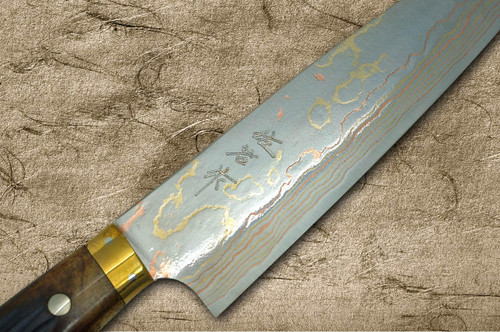 Takeshi Saji Aogami Colored Damascus DHM-NNM Japanese Chef's Gyuto Knife 210mm with Brown Antler Handle Nomura Special 