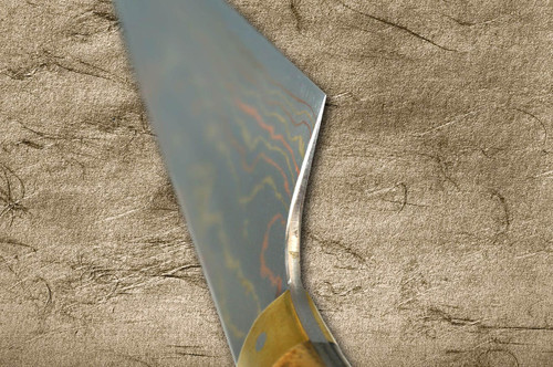 Takeshi Saji Aogami Colored Damascus DHM-NNM Japanese Chef's Gyuto Knife 210mm with Brown Antler Handle Nomura Special 