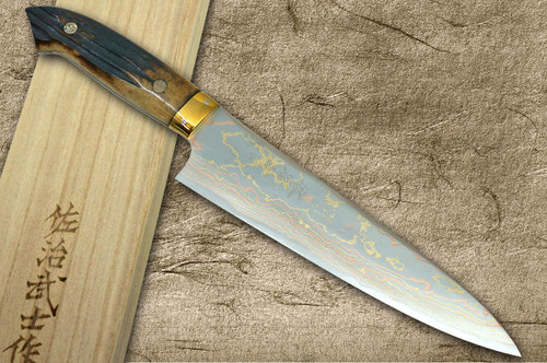 Takeshi Saji Aogami Colored Damascus DHM-NNM Japanese Chef's Gyuto Knife 180mm with Brown Antler Handle Nomura Special 