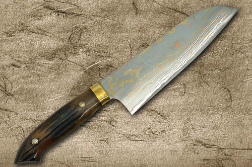 Takeshi Saji Aogami Colored Damascus DHM-NNM Japanese Chef's Santoku Knife 180mm with Brown Antler Handle Nomura Special 