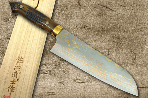 Takeshi Saji Aogami Colored Damascus DHM-NNM Japanese Chef's Santoku Knife 180mm with Brown Antler Handle Nomura Special 