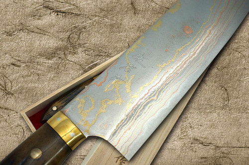 Takeshi Saji Aogami Colored Damascus DHM-NNM Japanese Chef's Santoku Knife 180mm with Brown Antler Handle Nomura Special 