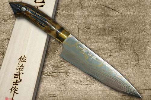 Takeshi Saji Aogami Colored Damascus DHM-NNM Japanese Chef's Petty Knife(Utility) 130mm with Brown Antler Handle Nomura Special 