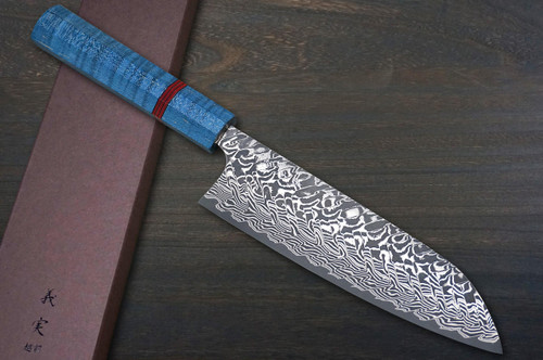 Yoshimi Kato R2 Black Damascus STWA-RB Japanese Chef's Santoku Knife 170mm with Stabilized Hybrid Wood Handle [Blue - Red&Black Rings 2] 