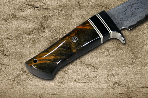 Daisuke Nishida Shirogami No.1 Damascus Japanese Chef's Petty Knife(Utility) 135mm with Stabilized Burl Birch Resin Handle & Black Micarta Ring 