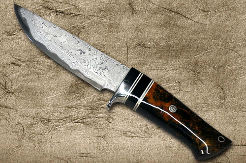 Daisuke Nishida Shirogami No.1 Damascus Japanese Chef's Petty Knife(Utility) 135mm with Stabilized Burl Birch Resin Handle & Black Micarta Ring 