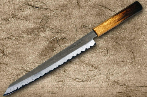 Satoshi Nakagawa Aogami #1 Damascus Kurouchi OK8B Japanese Chef's Kiritsuke-Yanagiba(Sujihiki) 270mm with Urushi Lacquered Oak Handle 